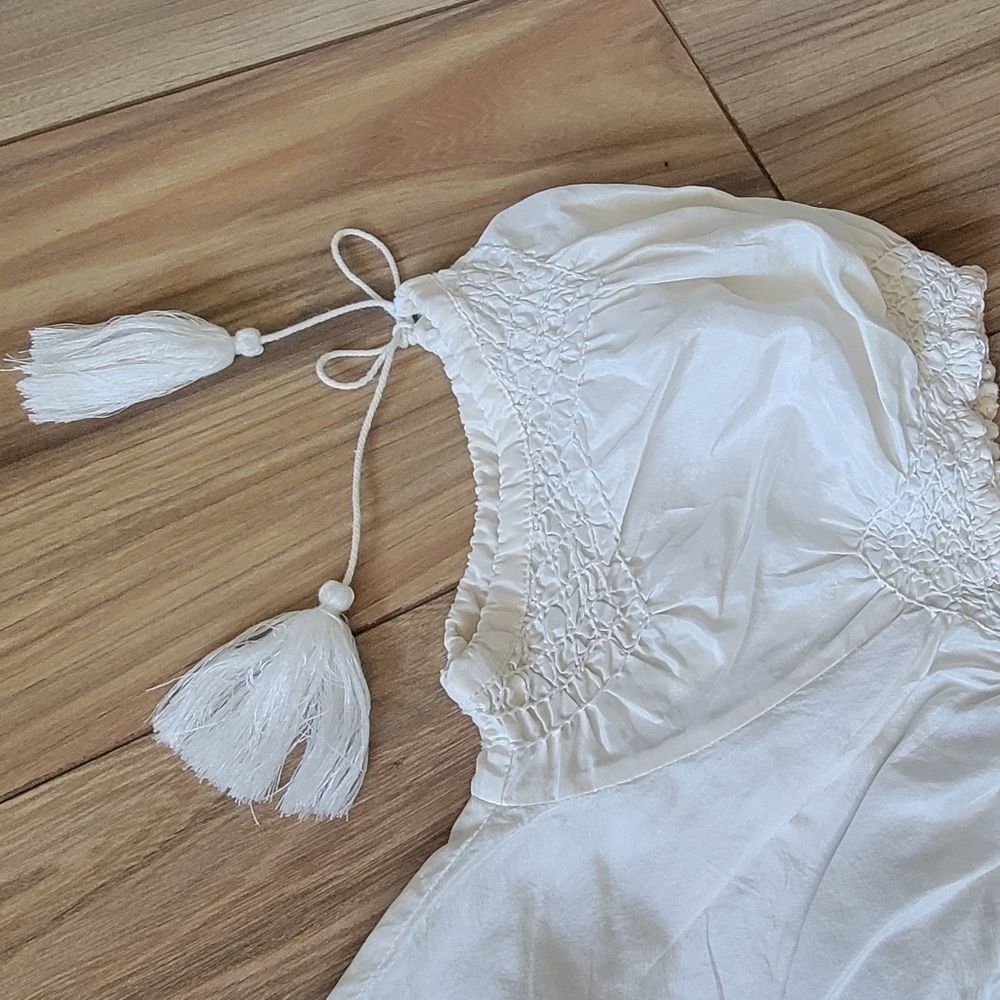 Joie 100% Silk Vintage Embroidered Tassel Peasant Blouse in Ivory White - Picture 8 of 13
